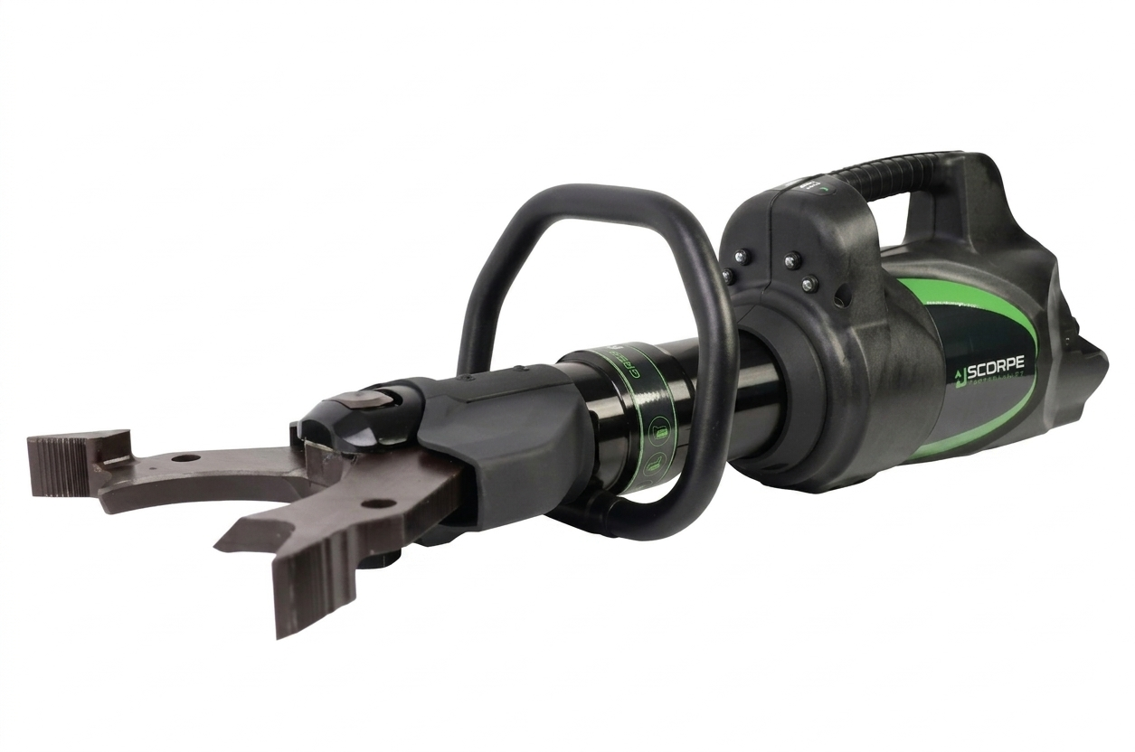 Scorpe Technologies SK combi tool with Milwaukee M18 battery for spreading, cutting and crushing in vehicle extrication