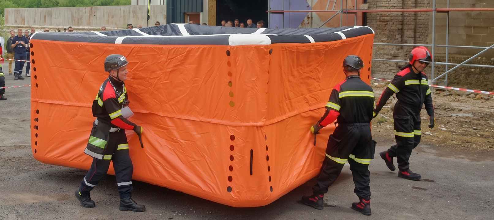 Three firefighters easily set up a large orange Scorpe MRC 16 inflatable rescue cushion
