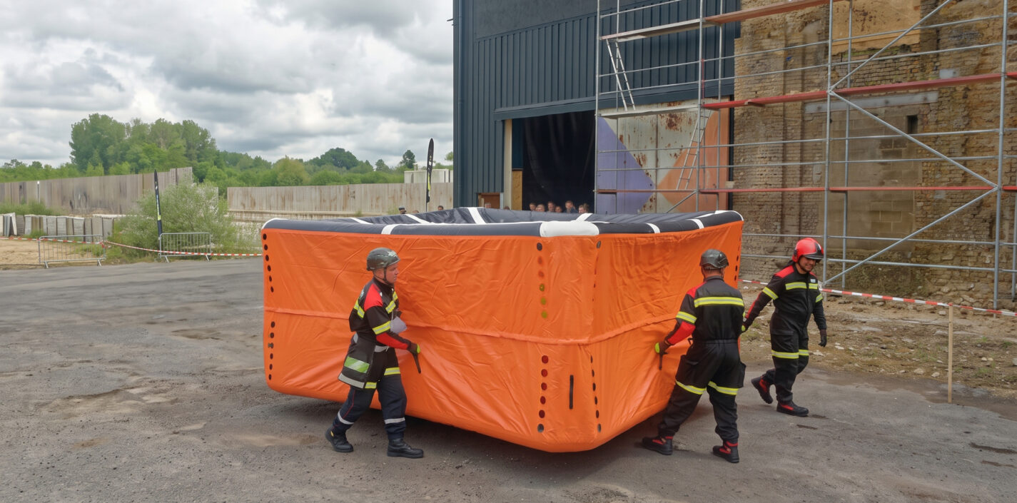 Three firefighters easily set up a large orange Scorpe 16 and 23m inflatable rescue cushion